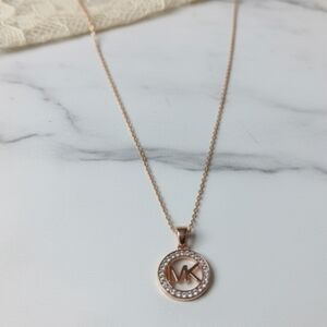 Michael Kors Rose Gold Crystal MK Circle Pendant Necklace